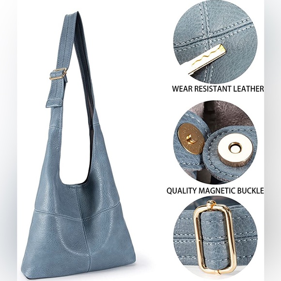 DENIM BLUE SUPER SOFT VEGAN LEATHER SHOULDER BAG AND COIN CLUTCH 2 PIECE SET - Picture 3 of 6